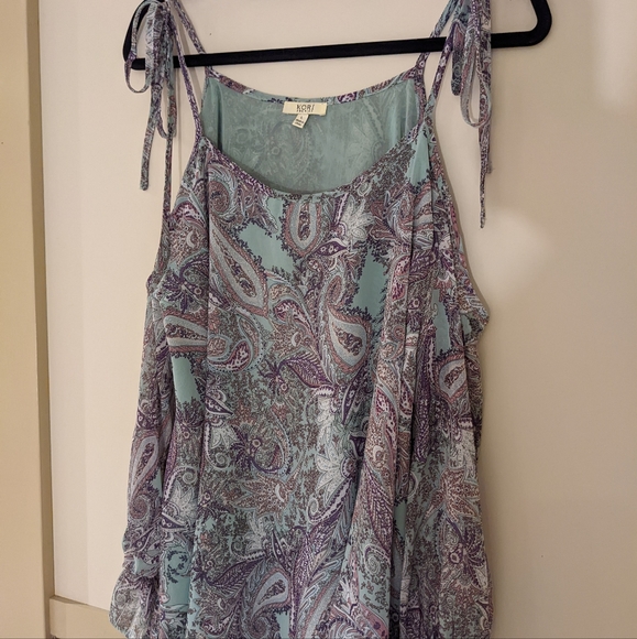 KORI Paisley Green and Purple Boho Cold Shoulder with Ties Top Size Large - Picture 2 of 11